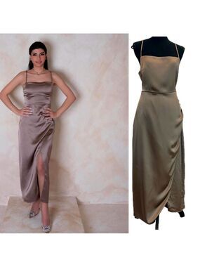 Zara mink brown satin effect midi slip dress Sz XL